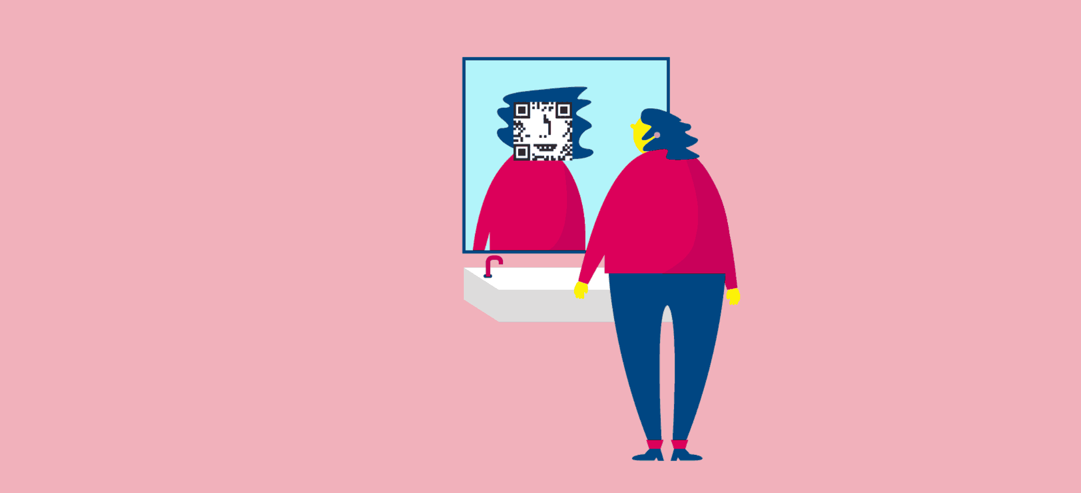 Eine Person blickt in einen Spiegel, in dem ihr verpixeltes Spiegelbild zu sehen ist