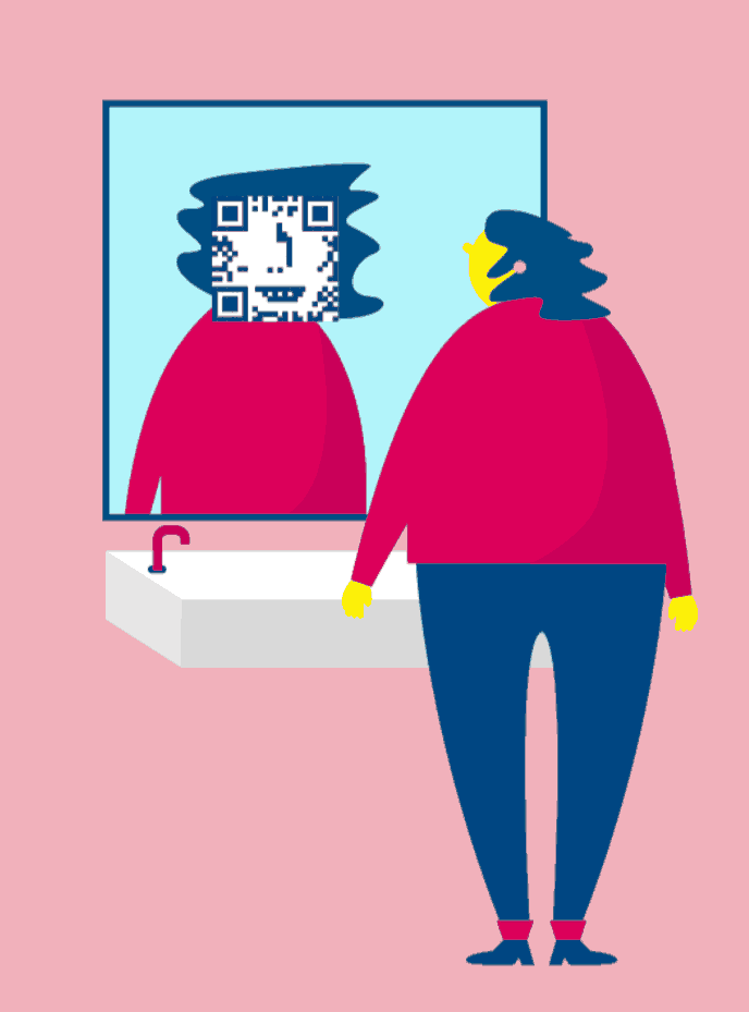 Person looking into a mirror in which their pixelated reflection is visible